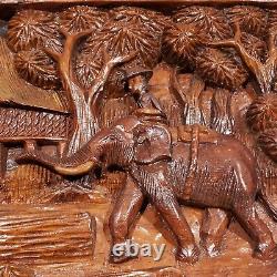 Vintage Hand Carved 3D Wood Panel Wall Art Decor Elephants Village Sculpture