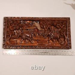 Vintage Hand Carved 3D Wood Panel Wall Art Decor Elephants Village Sculpture