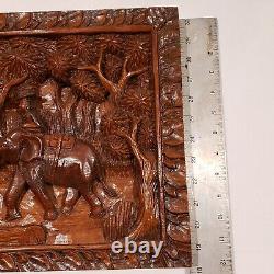 Vintage Hand Carved 3D Wood Panel Wall Art Decor Elephants Village Sculpture