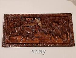 Vintage Hand Carved 3D Wood Panel Wall Art Decor Elephants Village Sculpture