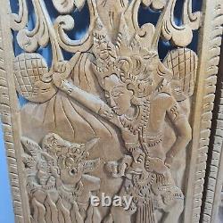 Vintage Hand Carved Wood Balinese Wall Panel Art Sculpture Boho Pair 45x18cm