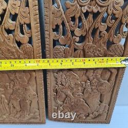 Vintage Hand Carved Wood Balinese Wall Panel Art Sculpture Boho Pair 45x18cm