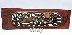 Vintage Hand Carved Wood Chinese Panel With Deer