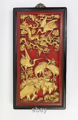 Vintage Hand Carved Wood Cranes & Grapes Wall Panel Carving Black Lacquer Frame