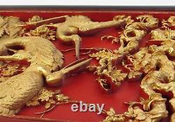 Vintage Hand Carved Wood Cranes & Grapes Wall Panel Carving Black Lacquer Frame