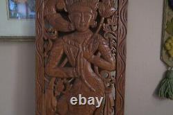 Vintage Hand Carved Wood Panel Wall Art Sculpture Balinese Goddess Deity 13x35