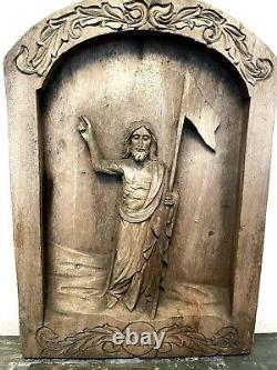 Vintage Hand Carved Wood Relief Wall Plaque Panel Depicting Christ Risen