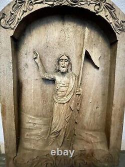 Vintage Hand Carved Wood Relief Wall Plaque Panel Depicting Christ Risen