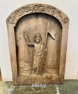 Vintage Hand Carved Wood Relief Wall Plaque Panel Depicting Christ Risen