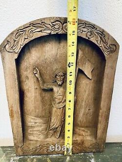 Vintage Hand Carved Wood Relief Wall Plaque Panel Depicting Christ Risen