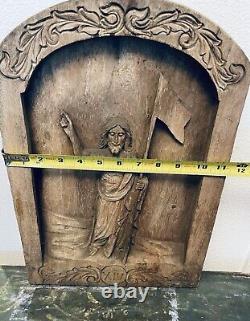 Vintage Hand Carved Wood Relief Wall Plaque Panel Depicting Christ Risen