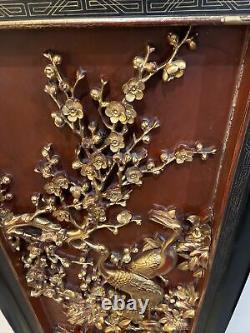 Vintage Hand Carved and Gilt Painted Chinese Wood Panel Framed Art32x16 inches