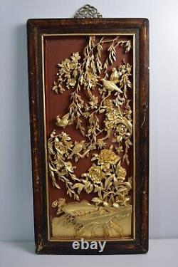 Vintage Heavy Wood Asian Birds Flowers Gilt Hand Carved Red Lacquered Art Panel
