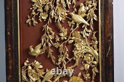 Vintage Heavy Wood Asian Birds Flowers Gilt Hand Carved Red Lacquered Art Panel