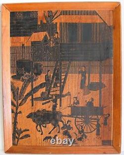 Vintage Heavy Wood Panel Hand Carved Painting Signed Thailand Village Life