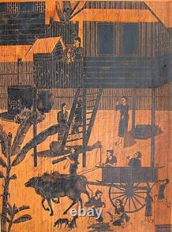 Vintage Heavy Wood Panel Hand Carved Painting Signed Thailand Village Life