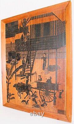 Vintage Heavy Wood Panel Hand Carved Painting Signed Thailand Village Life