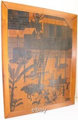 Vintage Heavy Wood Panel Hand Carved Painting Signed Thailand Village Life