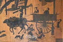 Vintage Heavy Wood Panel Hand Carved Painting Signed Thailand Village Life