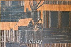 Vintage Heavy Wood Panel Hand Carved Painting Signed Thailand Village Life