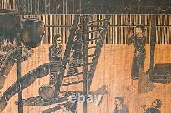 Vintage Heavy Wood Panel Hand Carved Painting Signed Thailand Village Life