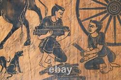 Vintage Heavy Wood Panel Hand Carved Painting Signed Thailand Village Life