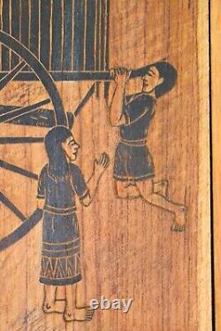 Vintage Heavy Wood Panel Hand Carved Painting Signed Thailand Village Life