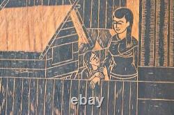 Vintage Heavy Wood Panel Hand Carved Painting Signed Thailand Village Life