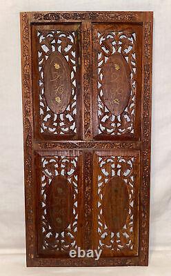 Vintage Indian Hand Carved Wood Panel Wall Hanging Brass Inlay Fretwork 24