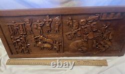 Vintage Indian Hand Carved Wood Village Agriculture Wall Panel Rare 9x20