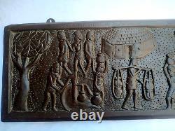 Vintage Indian Hand Carved Wood Wall Hang Panel Village Art People Storing Water