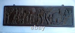 Vintage Indian Hand Carved Wood Wall Hang Panel Village Art People Storing Water