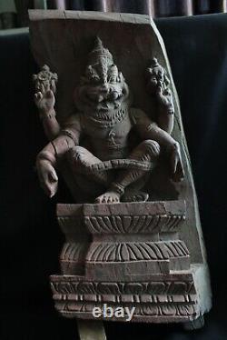 Vintage Indian Lord Narasimha carving wooden panel figure antique Collectible