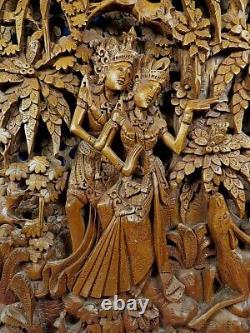 Vintage Indonesian Balinese Deep Relief Carved Wood'rama & Sita' Wall Panel