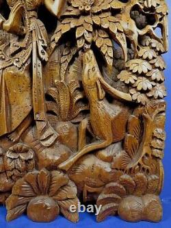 Vintage Indonesian Balinese Deep Relief Carved Wood'rama & Sita' Wall Panel