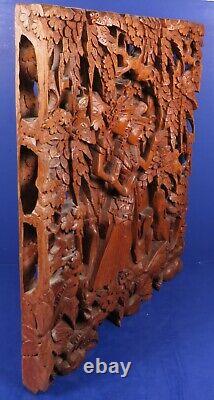 Vintage Indonesian Balinese Deep Relief Carved Wood'rama & Sita' Wall Panel
