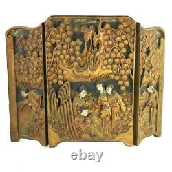 Vintage Japanese Chinese Three Panel Carved Wood Table Screen