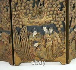 Vintage Japanese Chinese Three Panel Carved Wood Table Screen