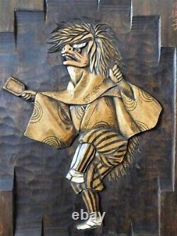 Vintage Japanese Dancing Oni Robed Monk Demon Mask Carved Wood Panel Signed