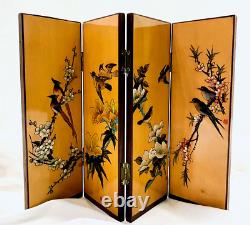 Vintage Japanese Orange Lacquer Carved Wood Folding Four Panel Tabletop Screen