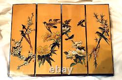 Vintage Japanese Orange Lacquer Carved Wood Folding Four Panel Tabletop Screen