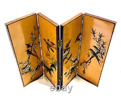 Vintage Japanese Orange Lacquer Carved Wood Folding Four Panel Tabletop Screen