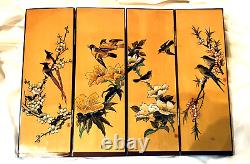 Vintage Japanese Orange Lacquer Carved Wood Folding Four Panel Tabletop Screen