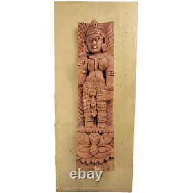 Vintage Lakshmi Indian God Hand Carved Wall Art Stressed Wood Panel India