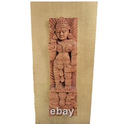 Vintage Lakshmi Indian God Hand Carved Wall Art Stressed Wood Panel India