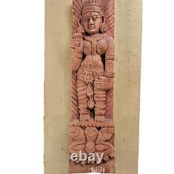 Vintage Lakshmi Indian God Hand Carved Wall Art Stressed Wood Panel India