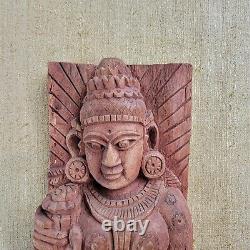 Vintage Lakshmi Indian God Hand Carved Wall Art Stressed Wood Panel India