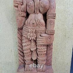 Vintage Lakshmi Indian God Hand Carved Wall Art Stressed Wood Panel India