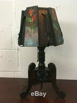 Vintage Lamp Spanish Revival Mission Painted Flowers Glass Panels Carved Wood
