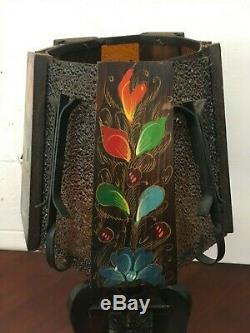 Vintage Lamp Spanish Revival Mission Painted Flowers Glass Panels Carved Wood